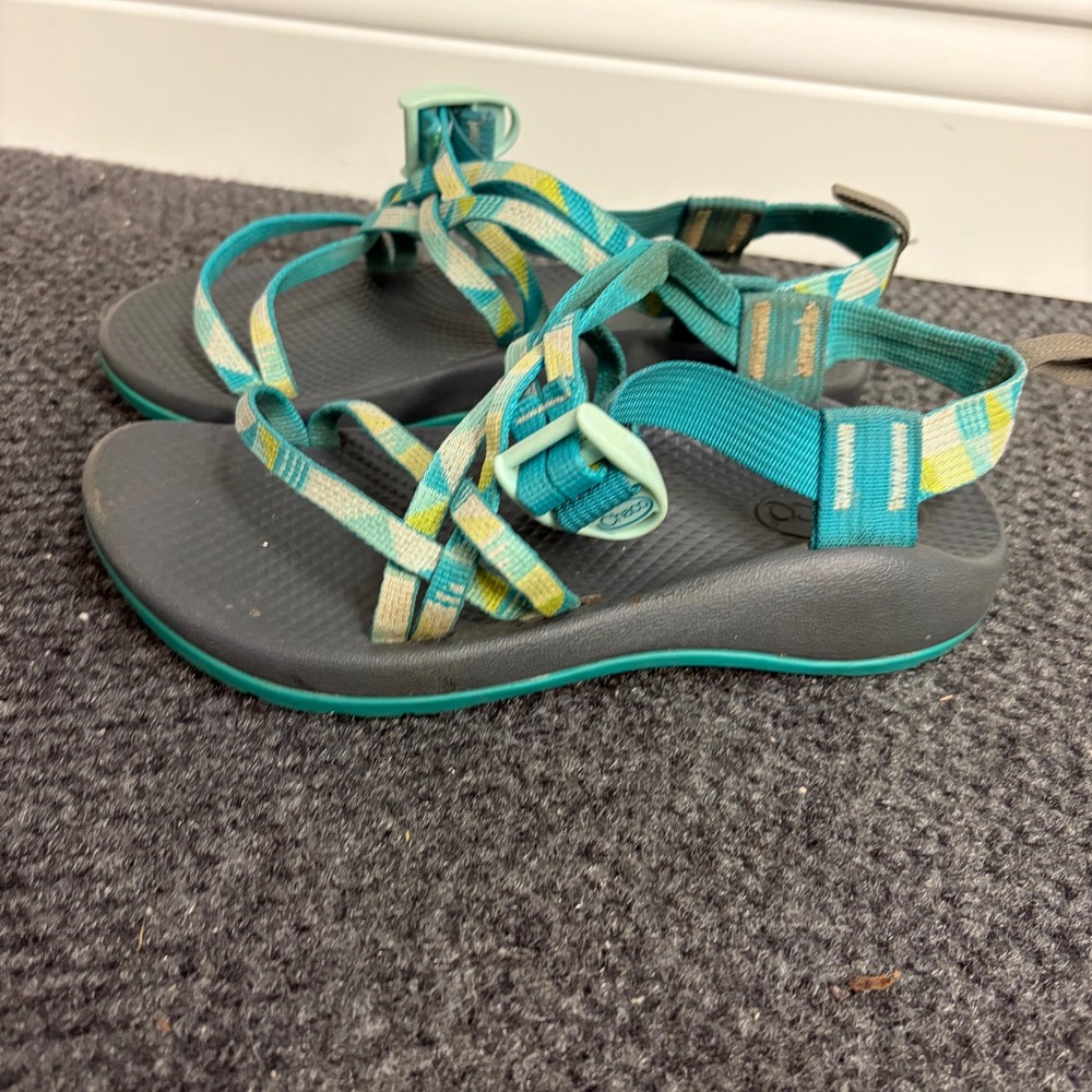 Chaco Z Cloud Kids Size 4 Teal Yellow Double Strap Hiking Sandals J106611